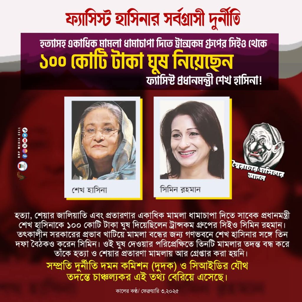 হত্যা সহ একাধিক মামলা ধামাচাপা দিতে ট্রান্সকম গ্রুপের সিইও থেকে ১০০ কোটি টাকা ঘুষ নিয়েছিলেন সাবেক প্রধানমন্ত্রী শেখ হাসিনা