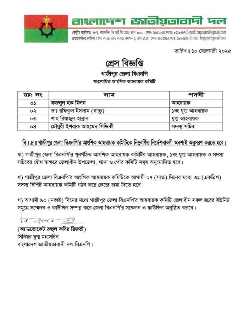 গাজীপুর জেলা বিএনপিসংশোধিত আংশিক আহবায়ক কমিটি