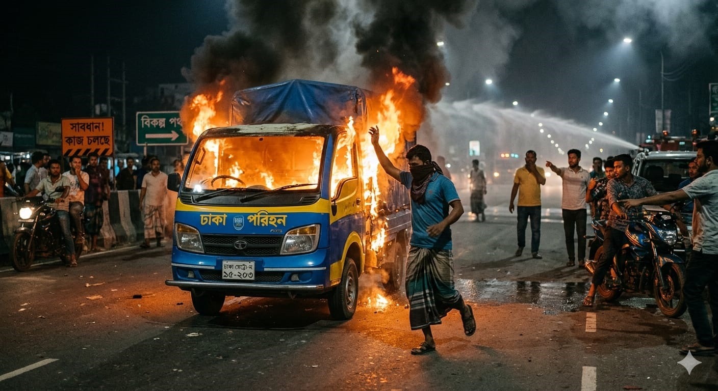 কাভার্ড ভ্যানচাপায় অটোরিকশা চালক নিহত ঘাতক যানে আগুন