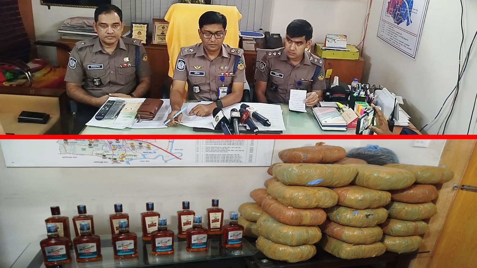কোনাবাড়ীতে বিপুল পরিমাণ গাঁজা ও বিদেশি মদ উদ্ধার, আটক ২