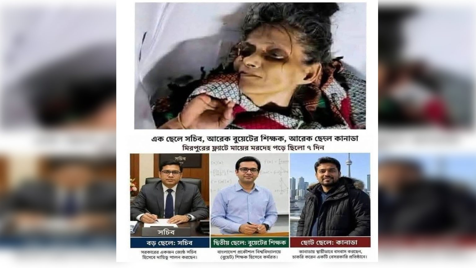 প্রতিষ্ঠার শিখরে সন্তান, নিঃসঙ্গ মৃত্যুর প্রহরে “মা” মিরপুরে মিলল নুরজাহান বেগমের মরদেহ