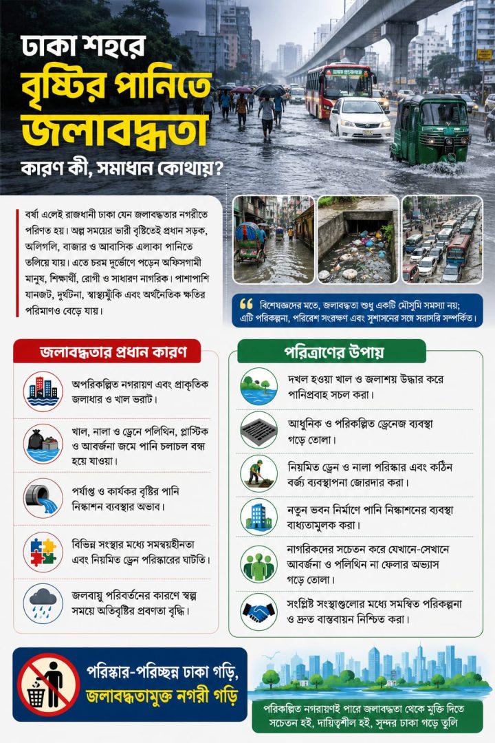 ঢাকা শহরে বৃষ্টির পানিতে জলাবদ্ধতা: কারণ কী?সমাধান কোথায়?