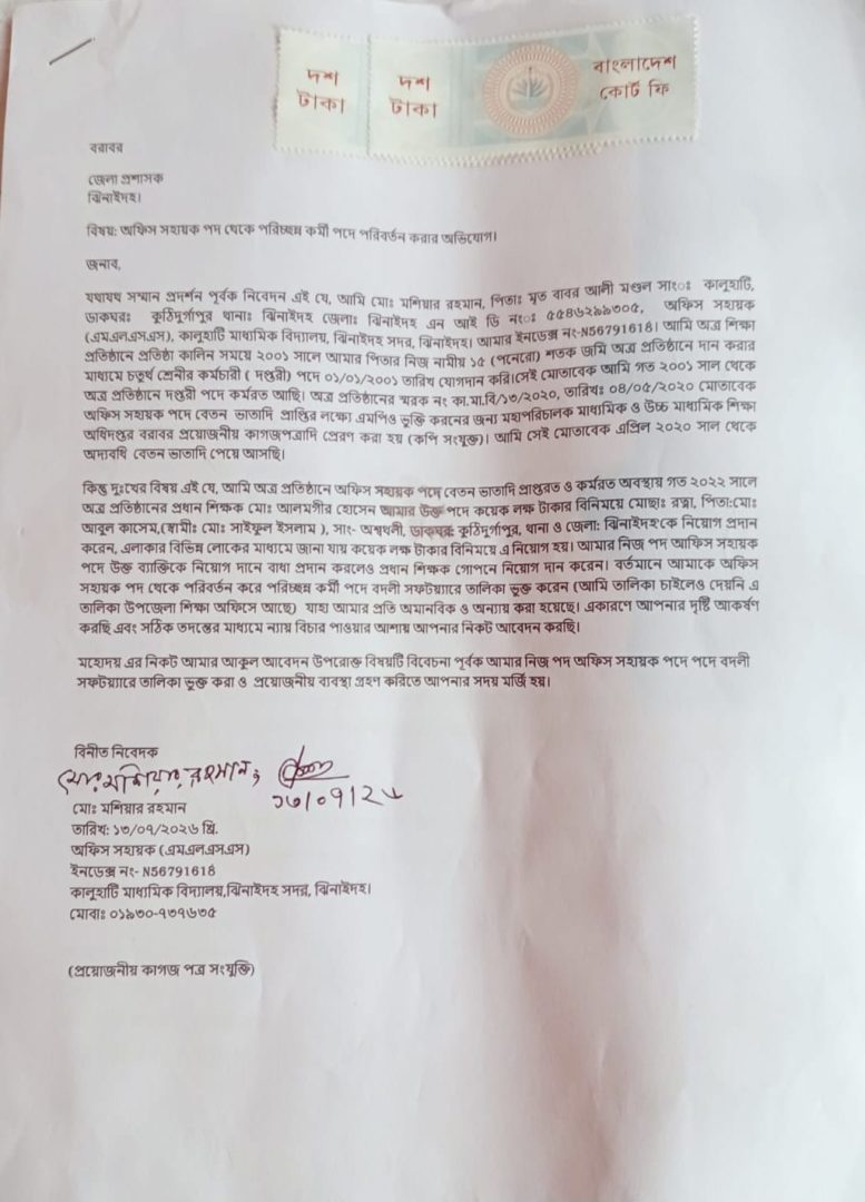 ঝিনাইদহে বিদ্যালয়ের অফিস সহকারীকে পরিচ্ছন্নতা কর্মী পদে পরিবর্তনের অভিযোগ