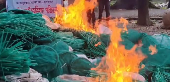 বেড়ায় ১০ লাখ টাকার চায়না দুয়ারি জাল জব্দ, পুড়িয়ে ধ্বংস